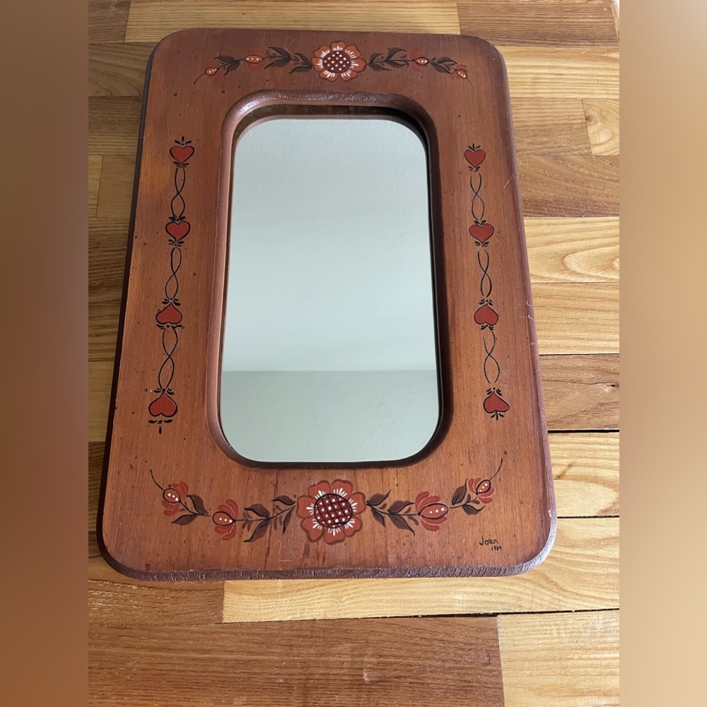 Vintage wooden hand painted mirror. Signed